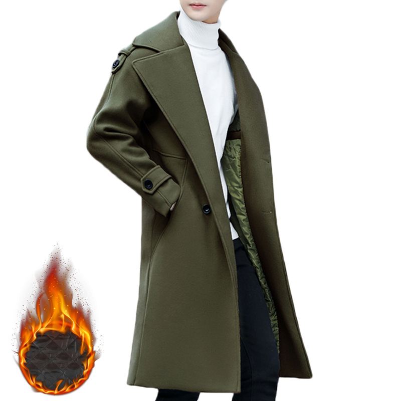 Herre Slim Mid Lang Dobbeltradet Tyk Varm Stilfuld Trench Coat Ulden Overfrakke