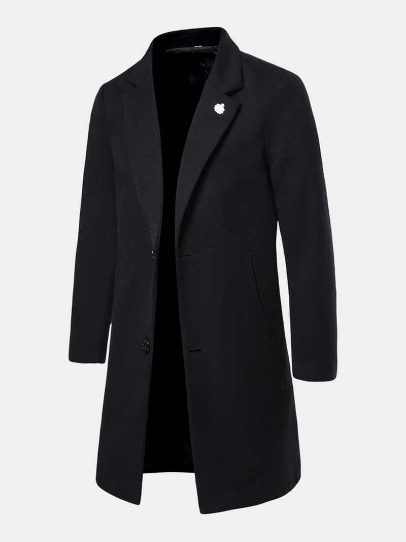 Herre Sort Enkeltradet Mellemlængde Lomme Lapel Business Trench Coats