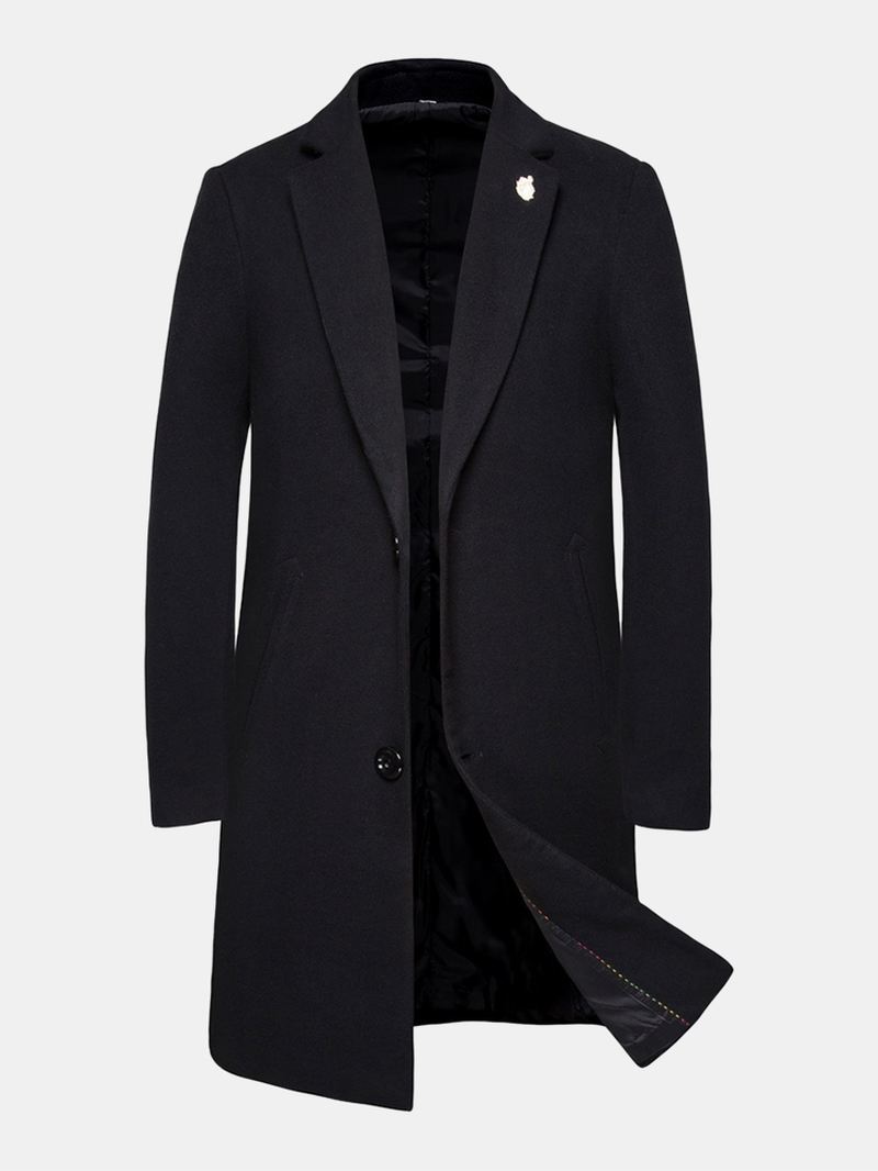 Herre Sort Enkeltradet Mellemlængde Lomme Lapel Business Trench Coats