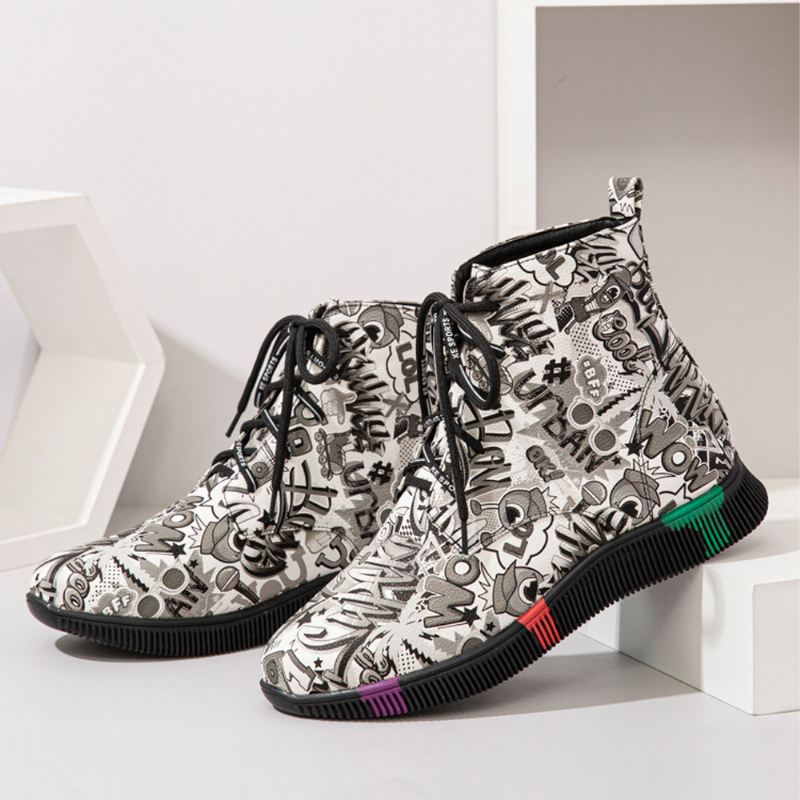 Kvinder Casual Letter Graffiti Med Tryk Multicolor Snøre Kort Combat Boots