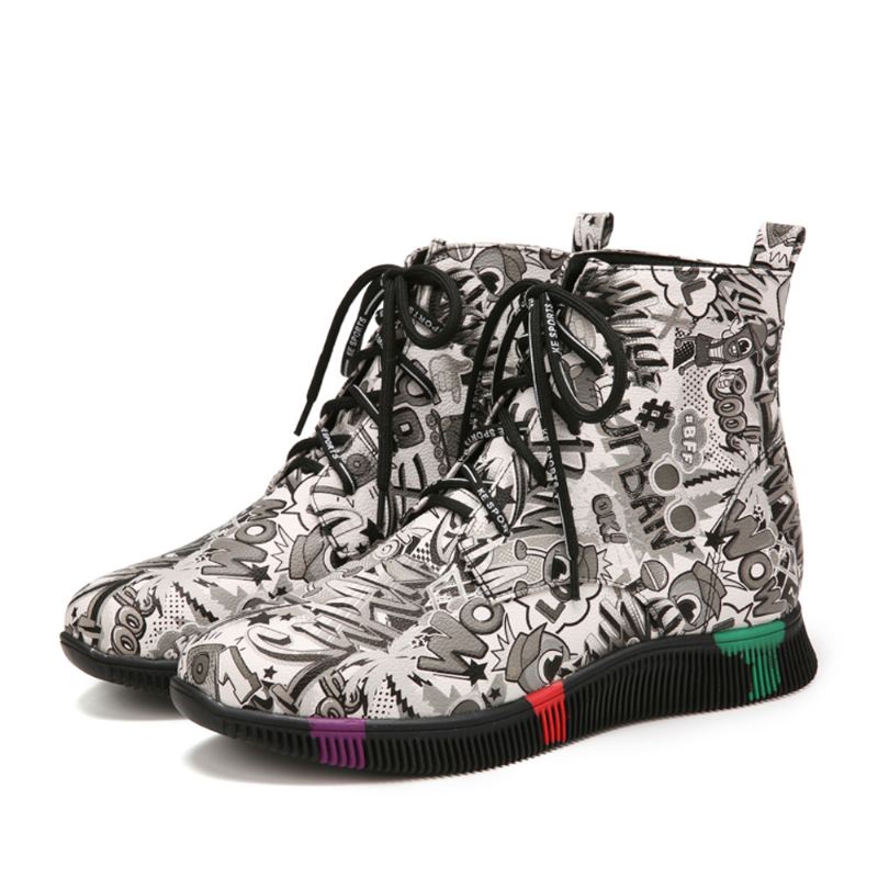 Kvinder Casual Letter Graffiti Med Tryk Multicolor Snøre Kort Combat Boots