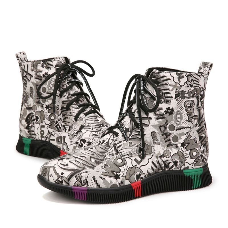 Kvinder Casual Letter Graffiti Med Tryk Multicolor Snøre Kort Combat Boots