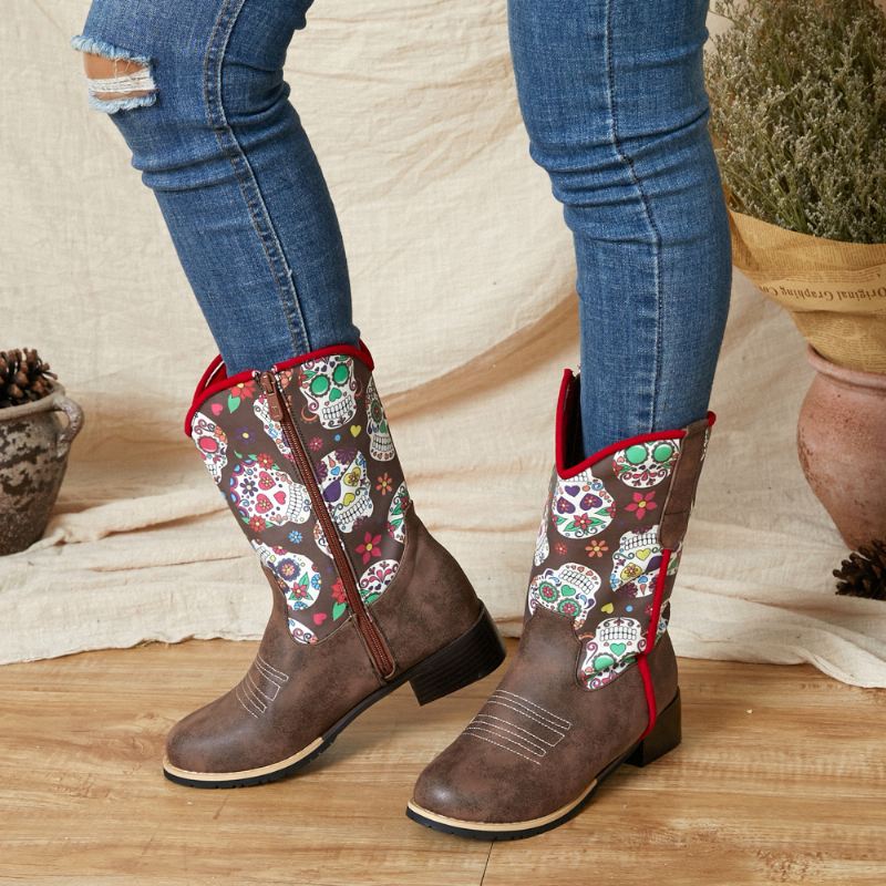 Kvinder Retro Blomster Printing Pointed Toe Lynlås Mid-calf Cowboy Boots