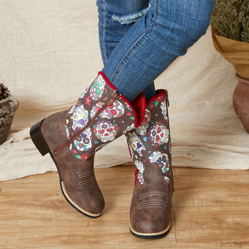 Kvinder Retro Blomster Printing Pointed Toe Lynlås Mid-calf Cowboy Boots