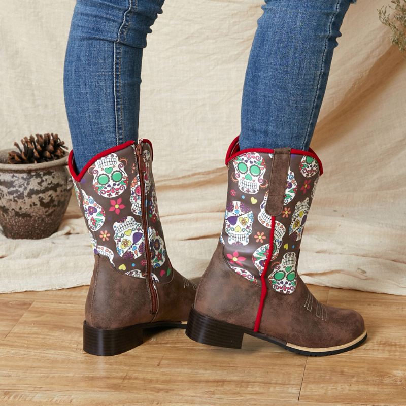 Kvinder Retro Blomster Printing Pointed Toe Lynlås Mid-calf Cowboy Boots