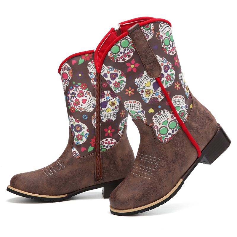 Kvinder Retro Blomster Printing Pointed Toe Lynlås Mid-calf Cowboy Boots