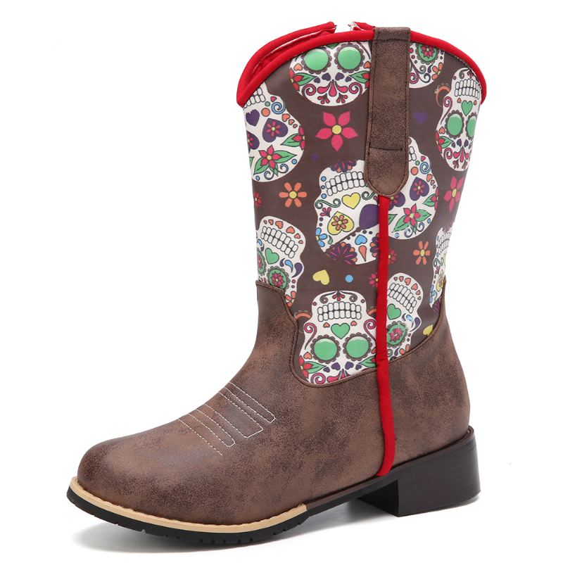 Kvinder Retro Blomster Printing Pointed Toe Lynlås Mid-calf Cowboy Boots