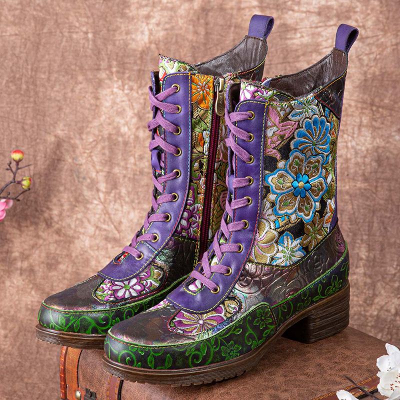 Kvinder Retro Blomsterbroderi Udskrivning Læder Chunky Heels Mid-calf Boots