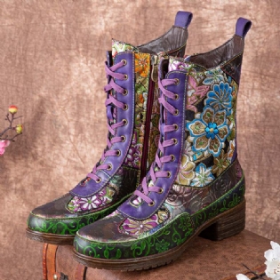 Kvinder Retro Blomsterbroderi Udskrivning Læder Chunky Heels Mid-calf Boots