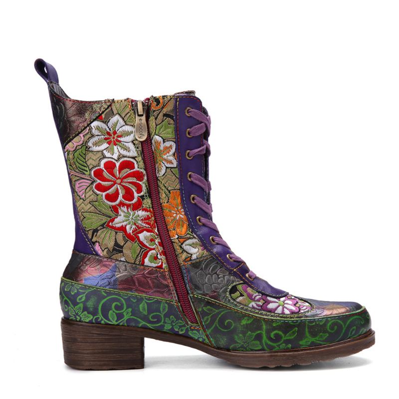 Kvinder Retro Blomsterbroderi Udskrivning Læder Chunky Heels Mid-calf Boots