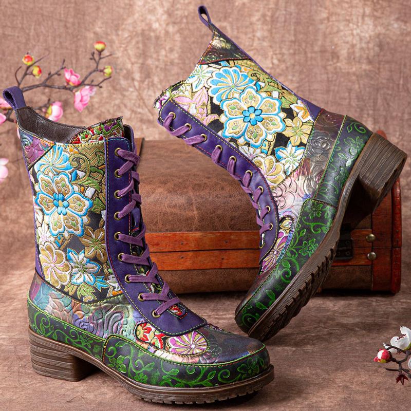 Kvinder Retro Blomsterbroderi Udskrivning Læder Chunky Heels Mid-calf Boots