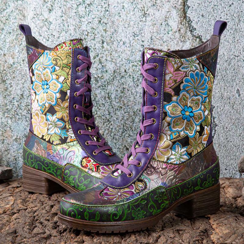 Kvinder Retro Blomsterbroderi Udskrivning Læder Chunky Heels Mid-calf Boots