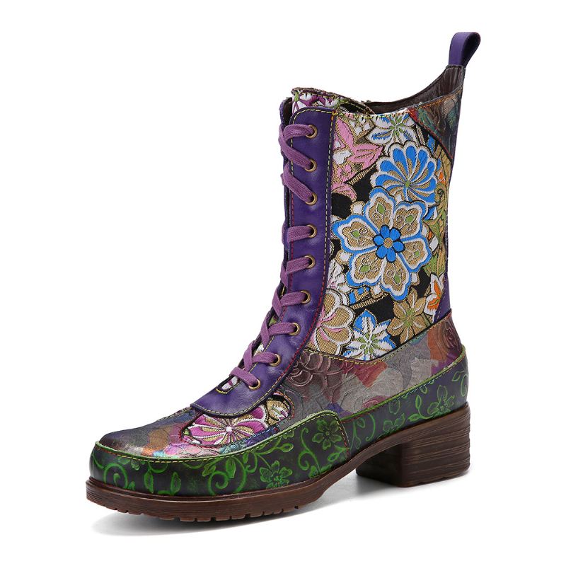 Kvinder Retro Blomsterbroderi Udskrivning Læder Chunky Heels Mid-calf Boots