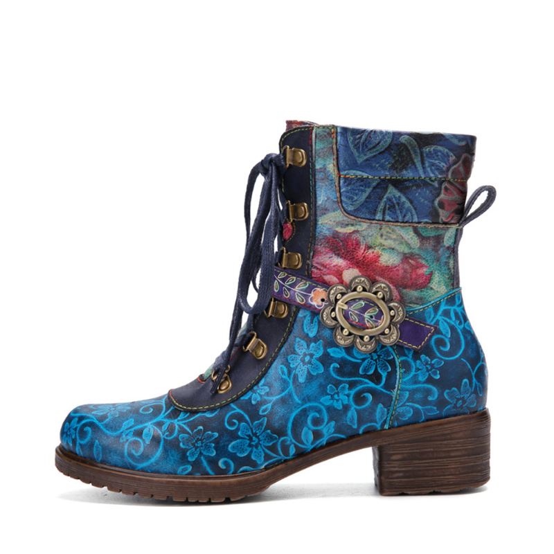 Kvinder Retro Blomsterprint Læder Snøre Chunky Hæle Mid-calf Støvler