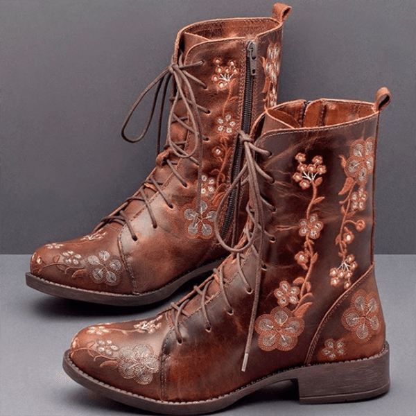 Kvinder Retro Blomstertryk Mid Calf Boots