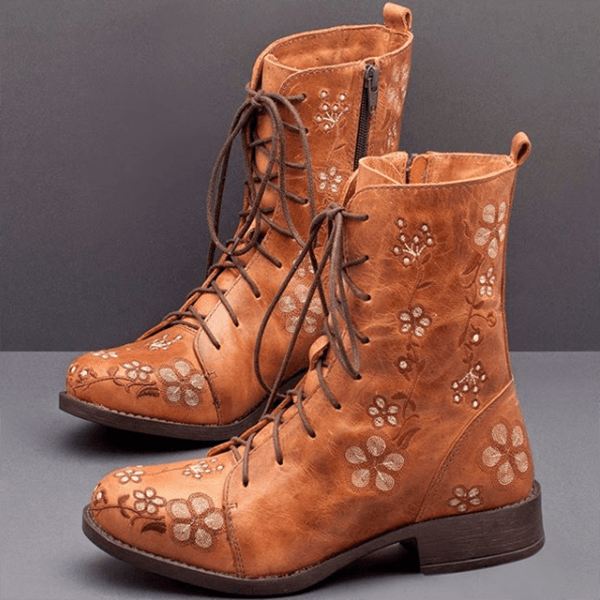 Kvinder Retro Blomstertryk Mid Calf Boots