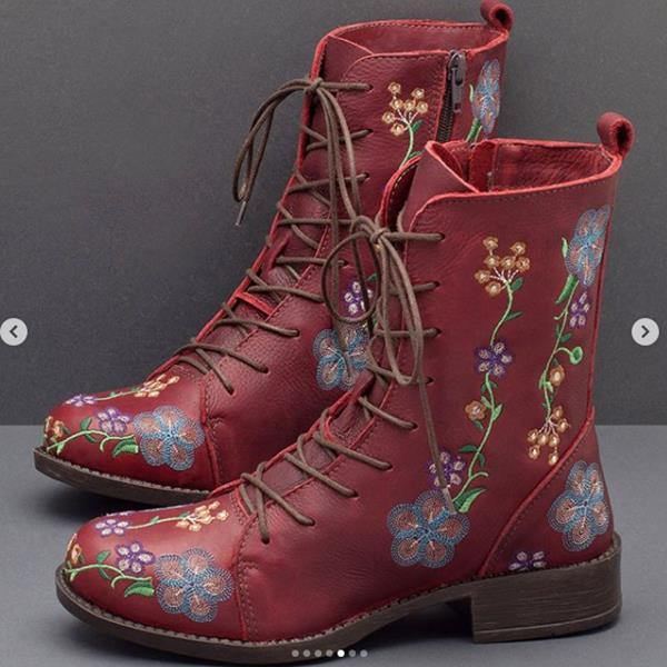 Kvinder Retro Blomstertryk Mid Calf Boots