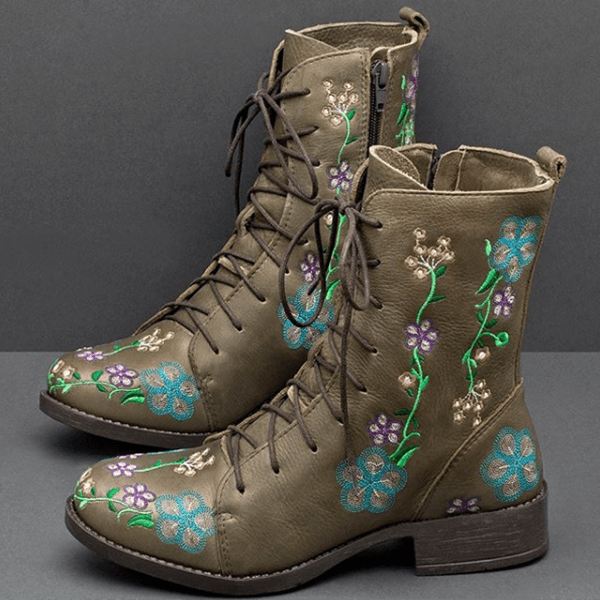 Kvinder Retro Blomstertryk Mid Calf Boots