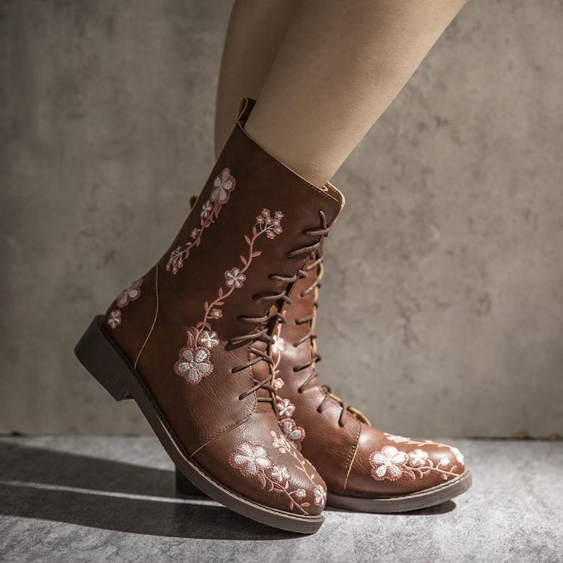 Kvinder Retro Blomstertryk Mid Calf Boots