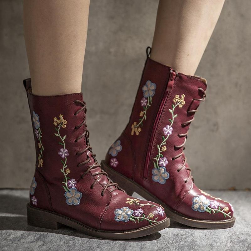 Kvinder Retro Blomstertryk Mid Calf Boots