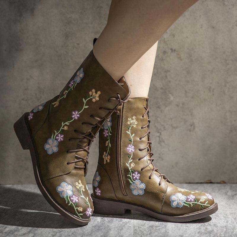 Kvinder Retro Blomstertryk Mid Calf Boots