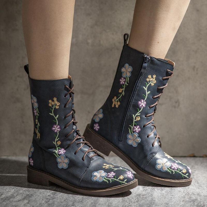 Kvinder Retro Blomstertryk Mid Calf Boots