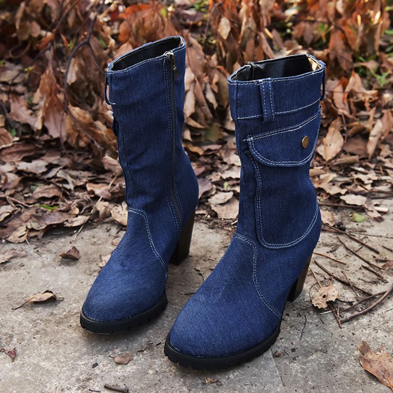 Kvinder Retro Denim Cloth Side Zip Bag Decor Chunky Heel Mid Calf Boots