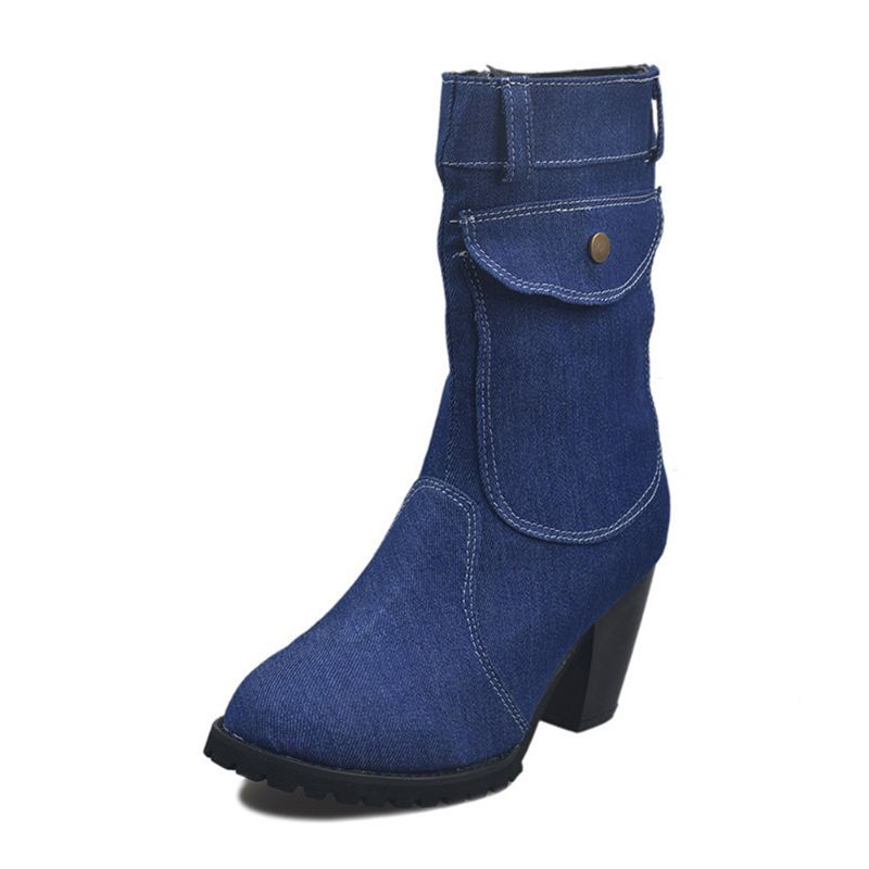 Kvinder Retro Denim Cloth Side Zip Bag Decor Chunky Heel Mid Calf Boots