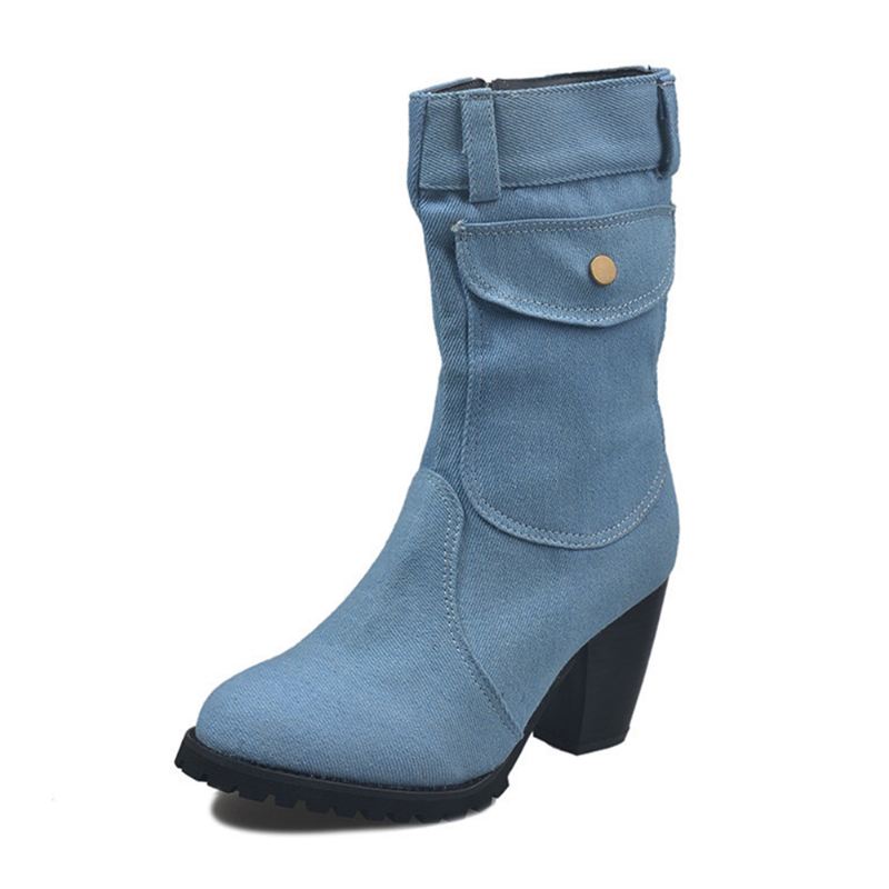 Kvinder Retro Denim Cloth Side Zip Bag Decor Chunky Heel Mid Calf Boots