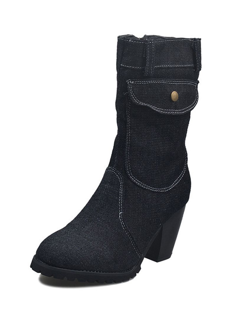 Kvinder Retro Denim Cloth Side Zip Bag Decor Chunky Heel Mid Calf Boots