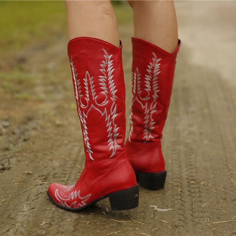 Kvinder Stor Størrelse Retro Spidstå Broderede Chunky Hæl Cowboystøvler