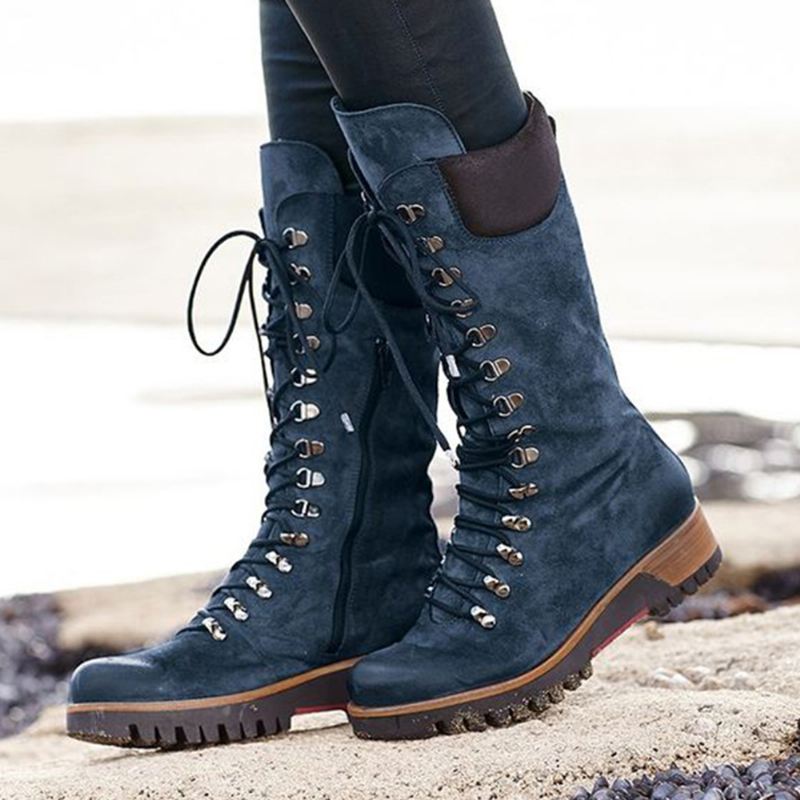 Plus Size Kvinder Bærbare Ruskind Side Lynlås Mid Calf Combat Boots