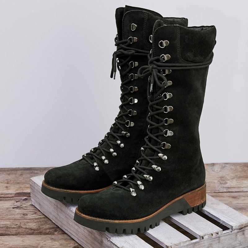 Plus Size Kvinder Bærbare Ruskind Side Lynlås Mid Calf Combat Boots