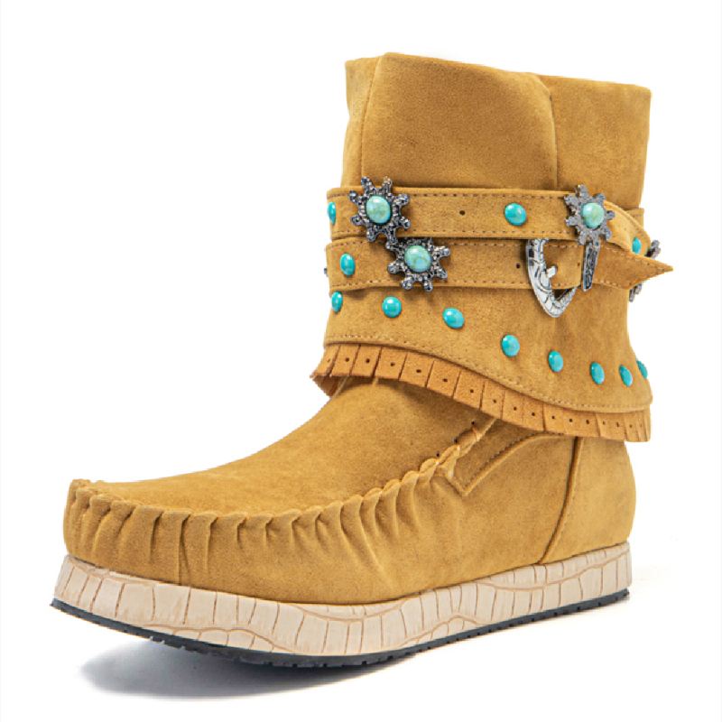 Plus Size Kvinder Etnisk Rhinestone Tassel Flade Moccasin Short Boots