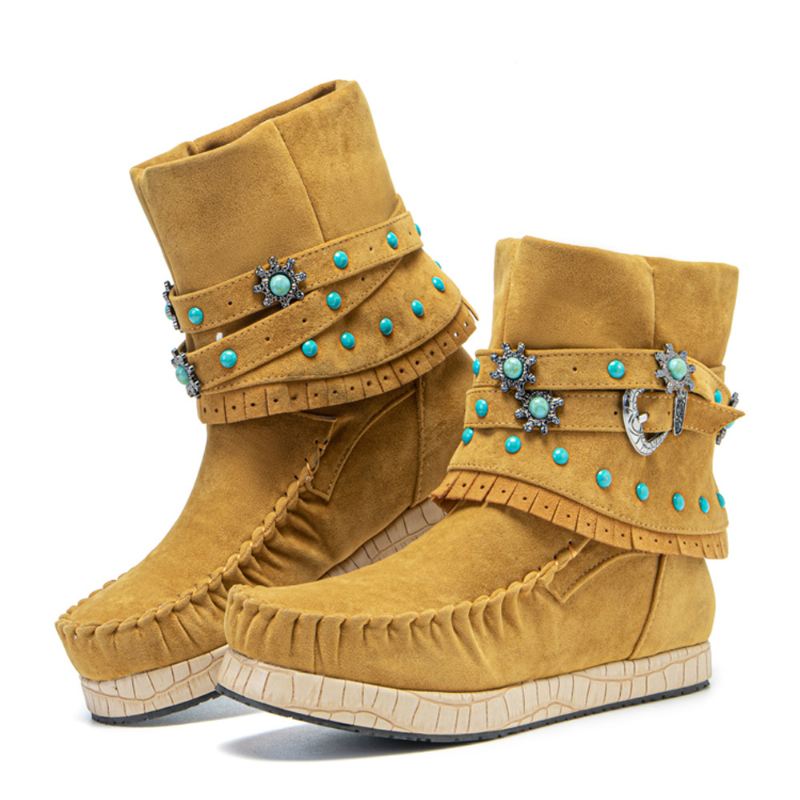 Plus Size Kvinder Etnisk Rhinestone Tassel Flade Moccasin Short Boots