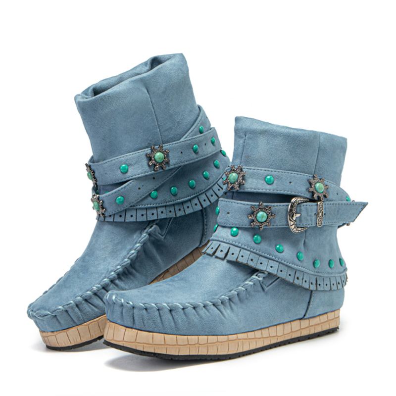 Plus Size Kvinder Etnisk Rhinestone Tassel Flade Moccasin Short Boots