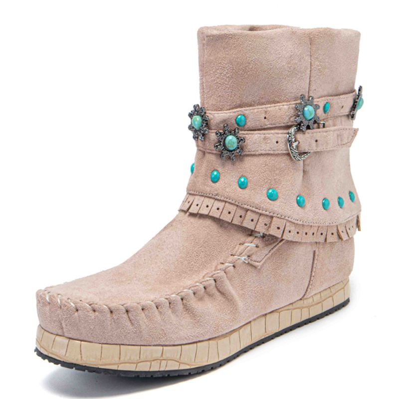 Plus Size Kvinder Etnisk Rhinestone Tassel Flade Moccasin Short Boots