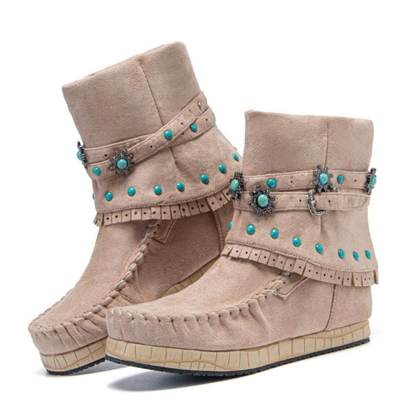 Plus Size Kvinder Etnisk Rhinestone Tassel Flade Moccasin Short Boots