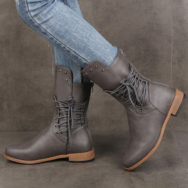 Plus Size Kvinder Retro Nitte Cross Strap Ryg Lynlås Mid Calf Boots