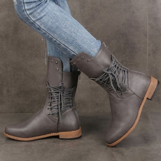 Plus Size Kvinder Retro Nitte Cross Strap Ryg Lynlås Mid Calf Boots