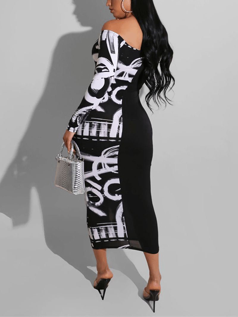 Alphabet Graffiti Patchwork Off Shoulder Sort Bodycon Maxi Kjole