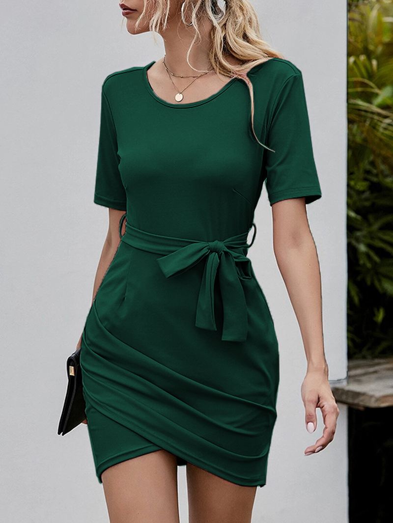 Kvinder Kortærmet Crew Neck Bodycon Belted Split Wrap Dress