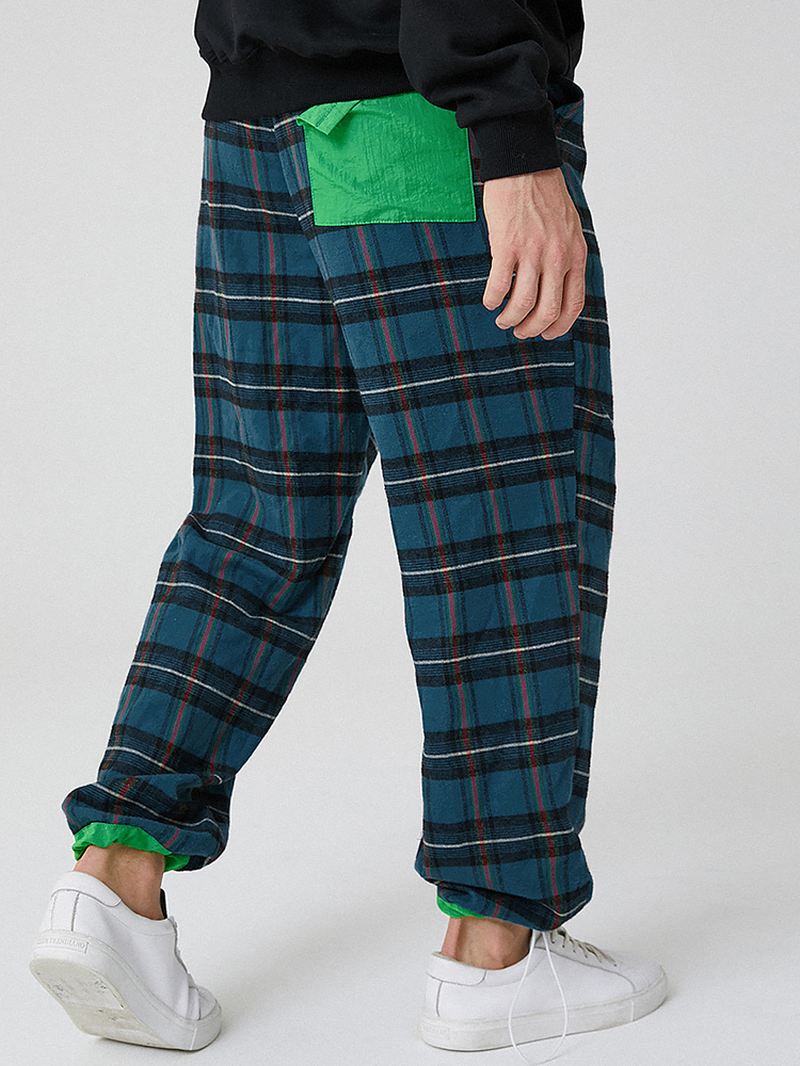 Herre 100% Bomuld Plaid Pocket Elastisk Talje Snøre Casual Bukser