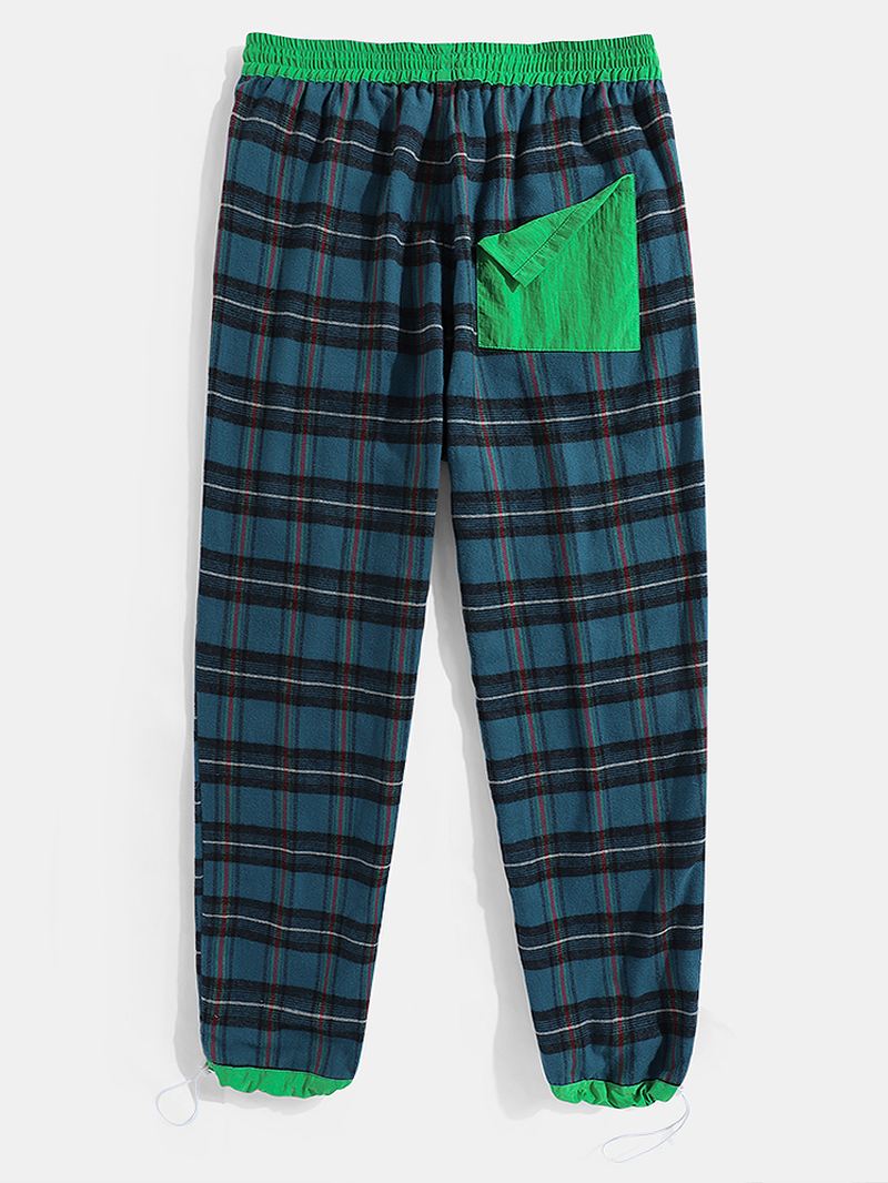 Herre 100% Bomuld Plaid Pocket Elastisk Talje Snøre Casual Bukser