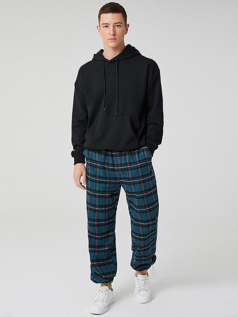 Herre 100% Bomuld Plaid Pocket Elastisk Talje Snøre Casual Bukser