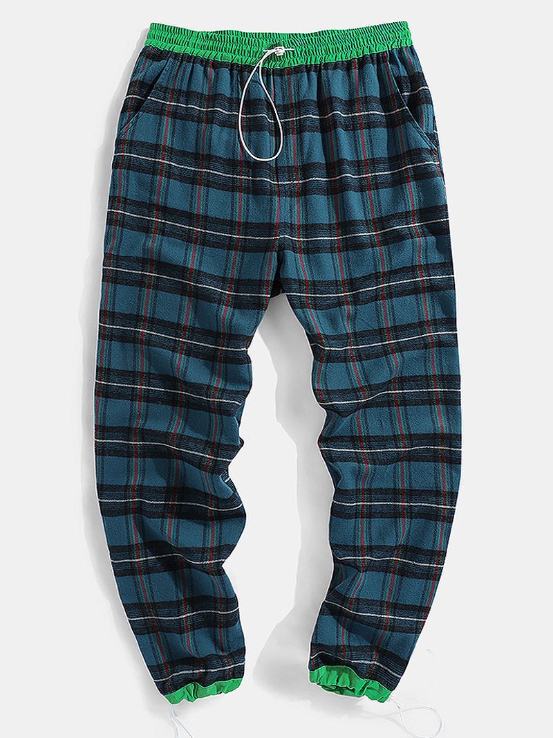 Herre 100% Bomuld Plaid Pocket Elastisk Talje Snøre Casual Bukser