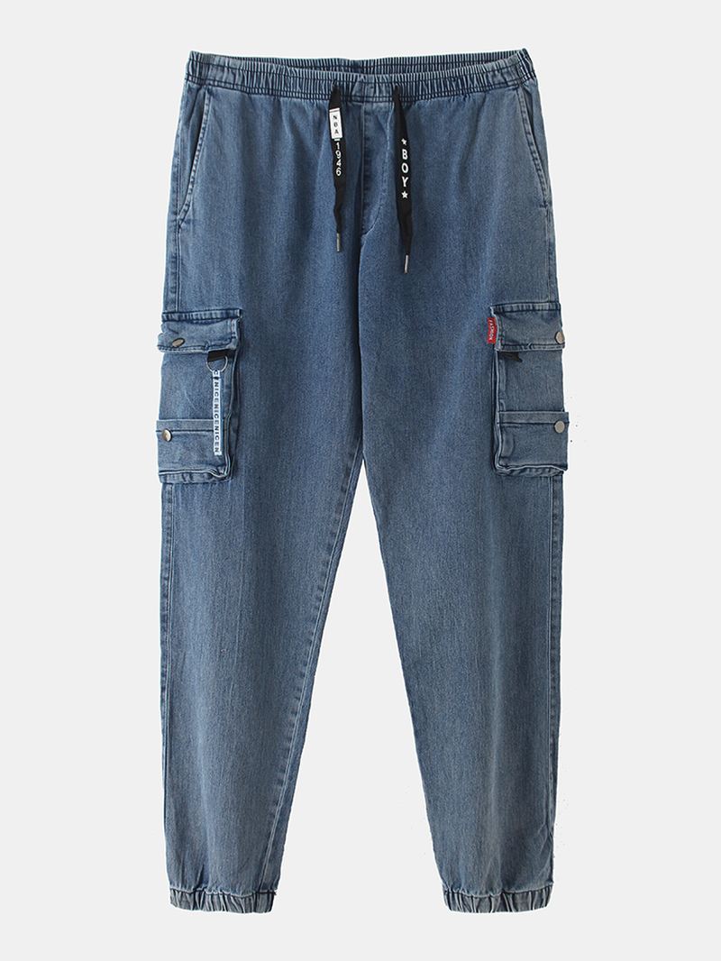 Herre Bomuld Cargo Style Snøre Elastiske Ankel Denim Bukser Med Multi Lommer