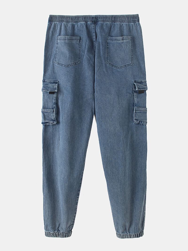 Herre Bomuld Cargo Style Snøre Elastiske Ankel Denim Bukser Med Multi Lommer