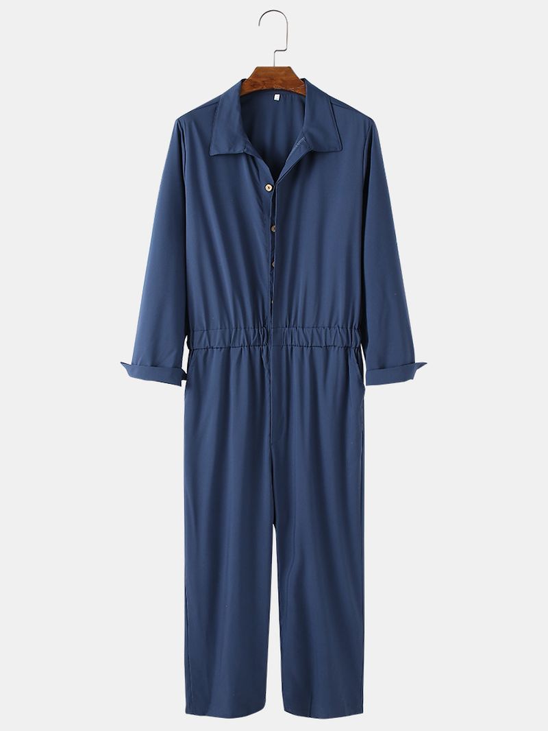 Herre Bomuld Ensfarvet Knap Op Reverskrave Casual Jumpsuits