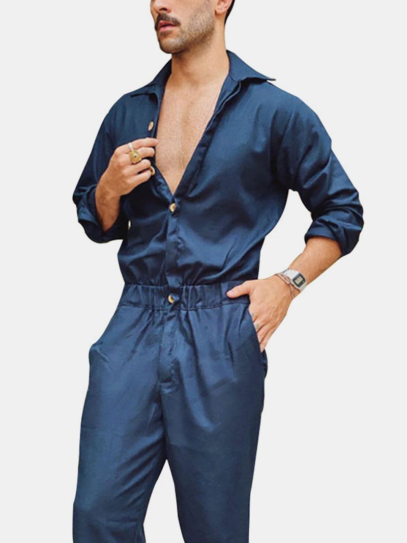 Herre Bomuld Ensfarvet Knap Op Reverskrave Casual Jumpsuits